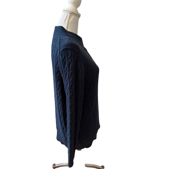 LL Bean Double L Cable Knit Cardigan Sweater Classic Navy Blue LP - Picture 5 of 8